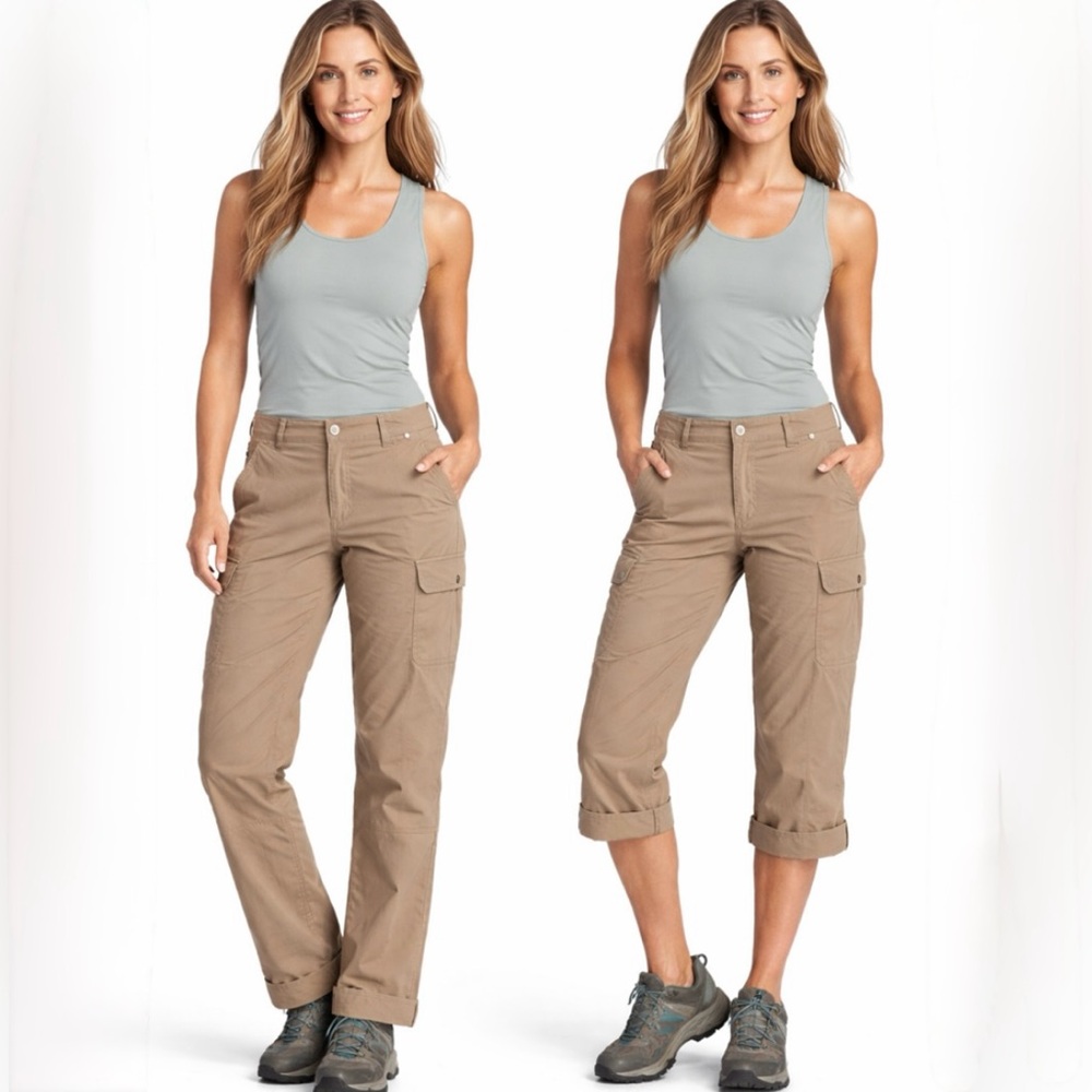 Kuhl Legendary Women’s Tan Roll-Up Snap Cargo Hiking Outdoor Pants – Size 14🧡